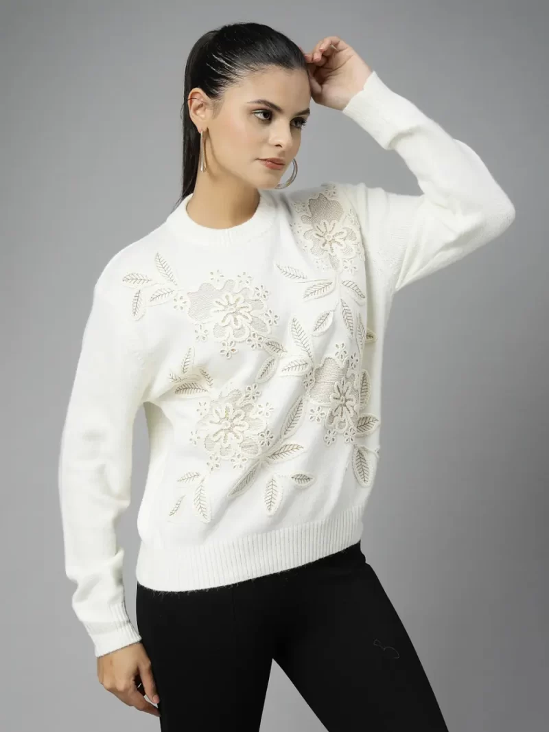 Apricot Solid Embroidered Top ,Has A Round Neck, Long Sleeves, Ribbed Hem