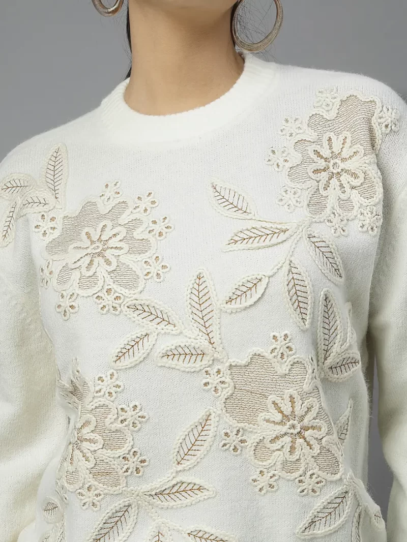 Apricot Solid Embroidered Top ,Has A Round Neck, Long Sleeves, Ribbed Hem