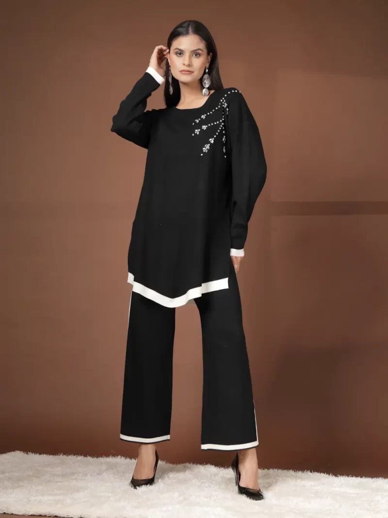 Black Luxe Winter Coord Set - Set Of Top And Pants