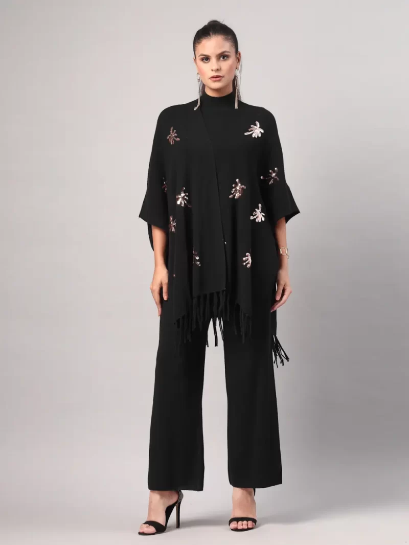 Women Poncho With Geometric Embroidery Cord Set