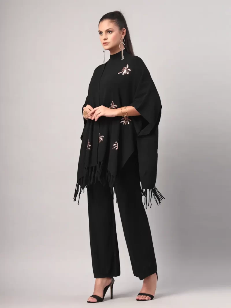 Women Poncho With Geometric Embroidery Cord Set