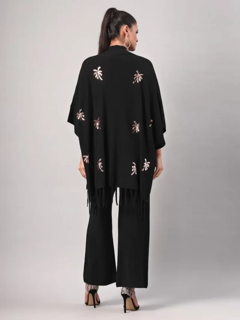 Women Poncho With Geometric Embroidery Cord Set