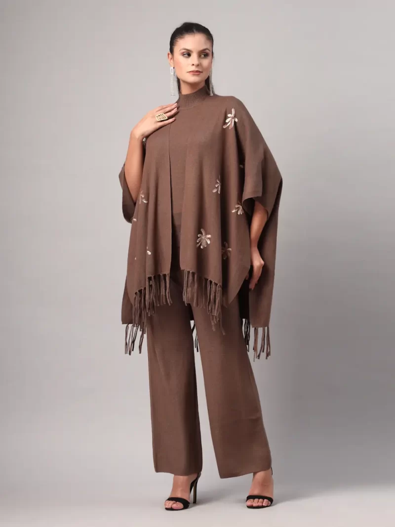 Women Poncho With Geometric Embroidery Cord Set