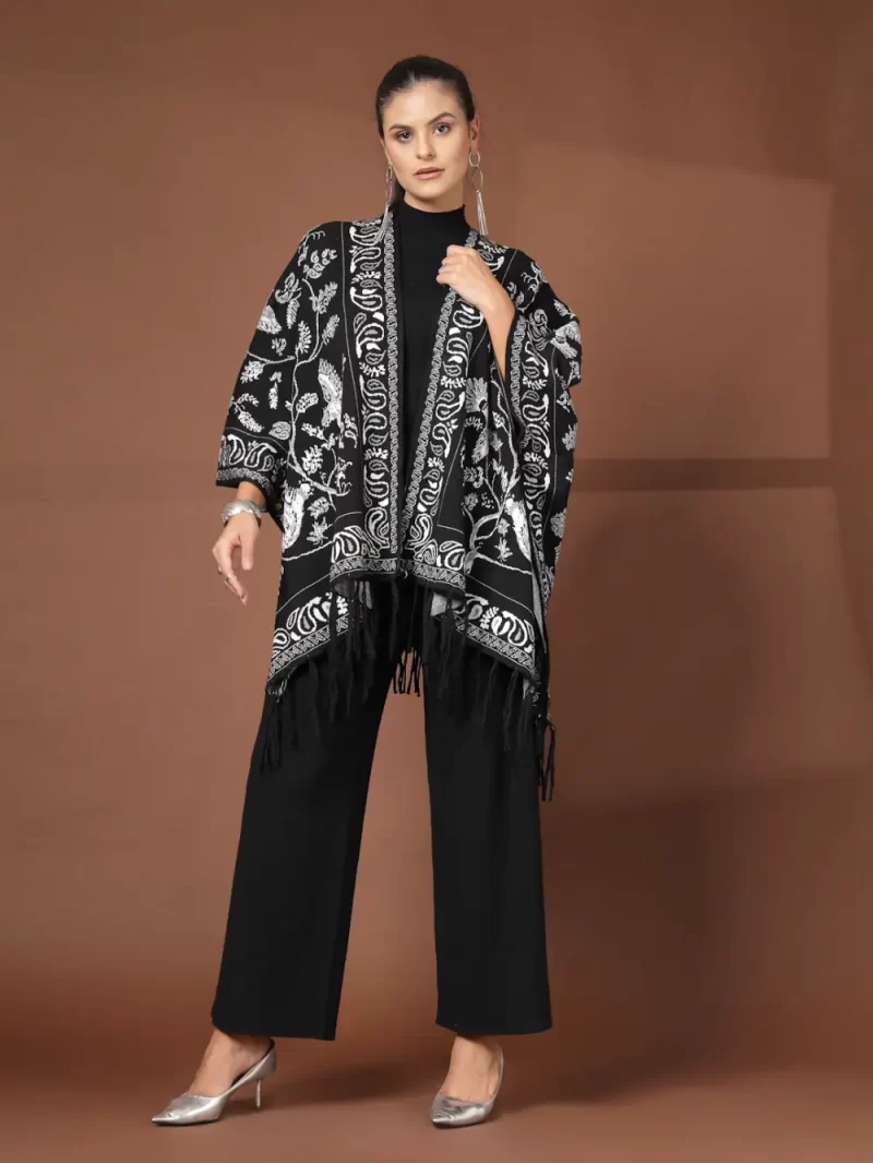 Black Luxe Winter Coord Set - Set Of Top With Ponchu And Pants