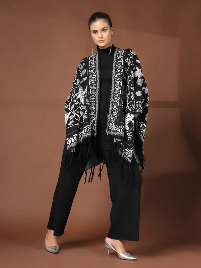 Black Luxe Winter Coord Set - Set Of Top With Ponchu And Pants