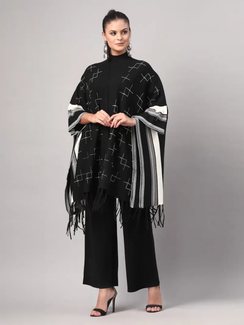 Women Poncho With Geometric Embroidery Cord Set