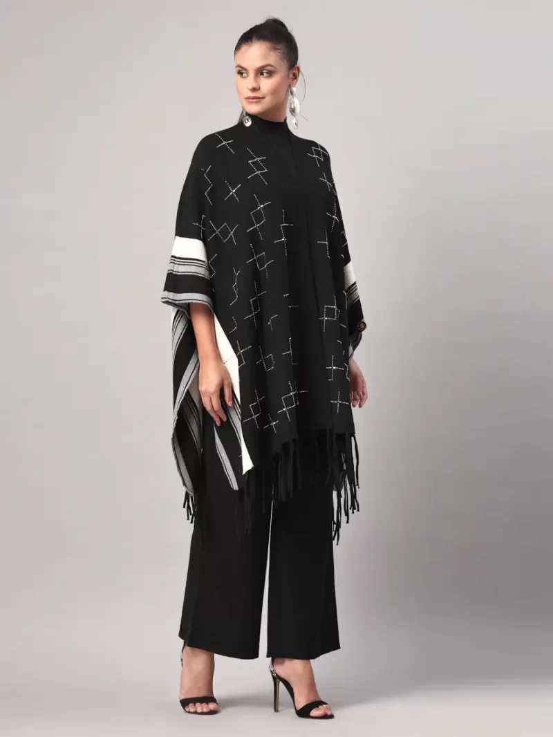 Women Poncho With Geometric Embroidery Cord Set