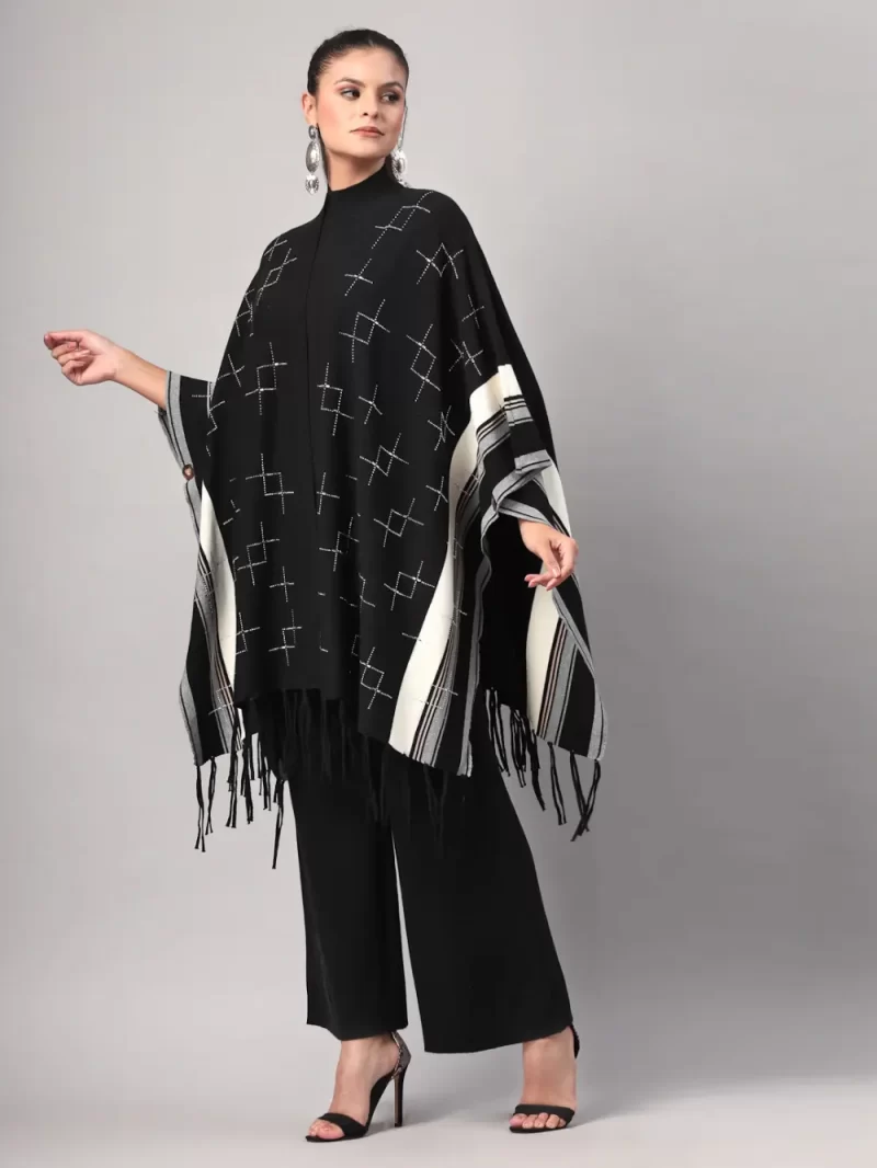 Women Poncho With Geometric Embroidery Cord Set