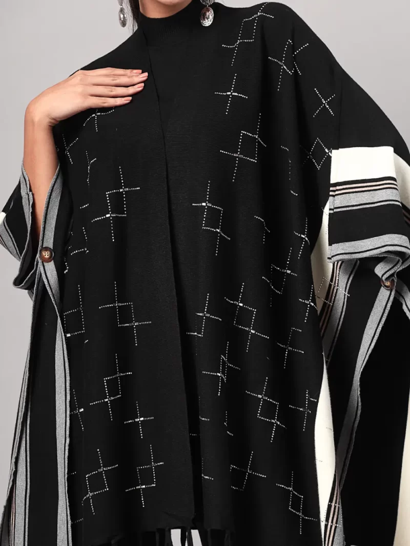 Women Poncho With Geometric Embroidery Cord Set