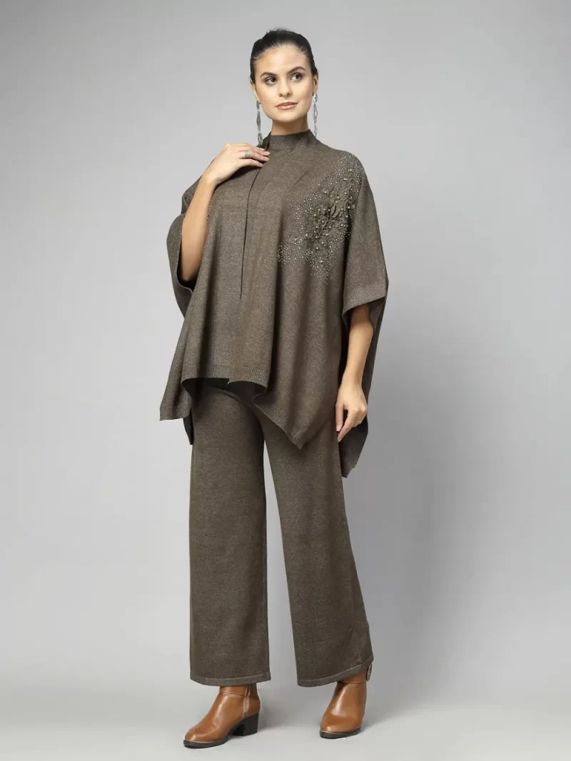 Brown Luxe Winter Coord Set - Set Of Top With Shrug And Pants