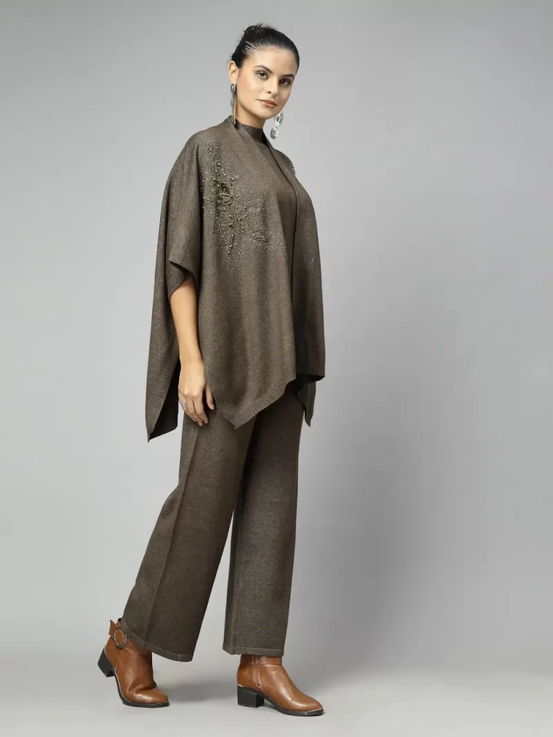 Brown Luxe Winter Coord Set - Set Of Top With Shrug And Pants