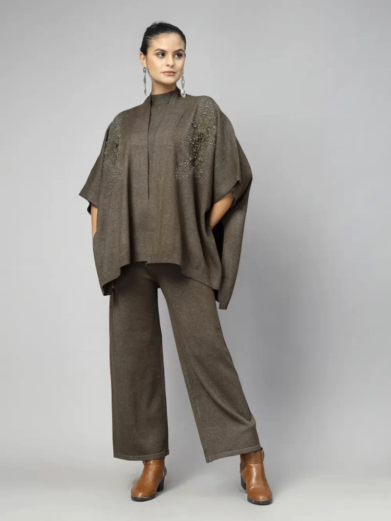 Brown Luxe Winter Coord Set - Set Of Top With Shrug And Pants
