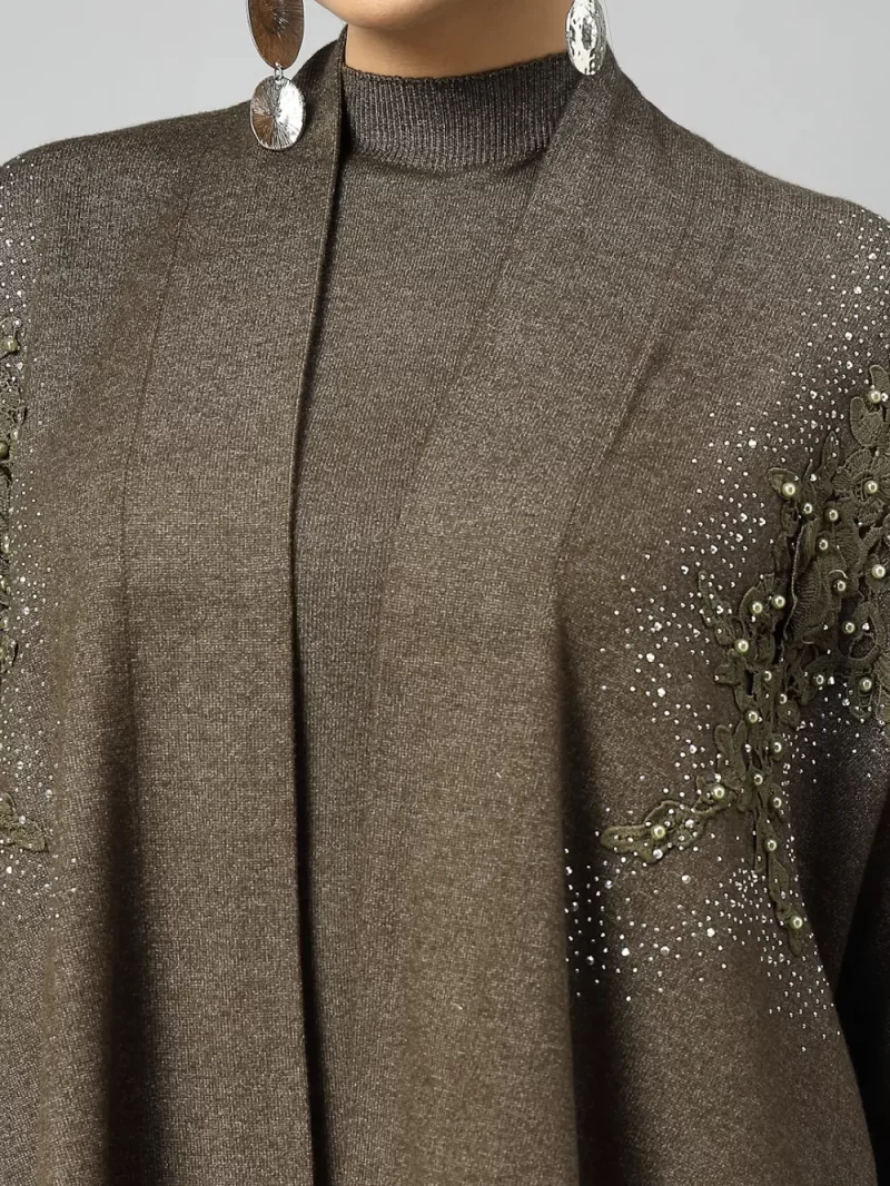 Brown Luxe Winter Coord Set - Set Of Top With Shrug And Pants