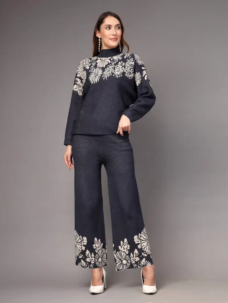 Women Floral Knit Co-Ord Set With Mock Neck
