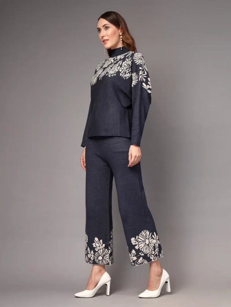 Women Floral Knit Co-Ord Set With Mock Neck