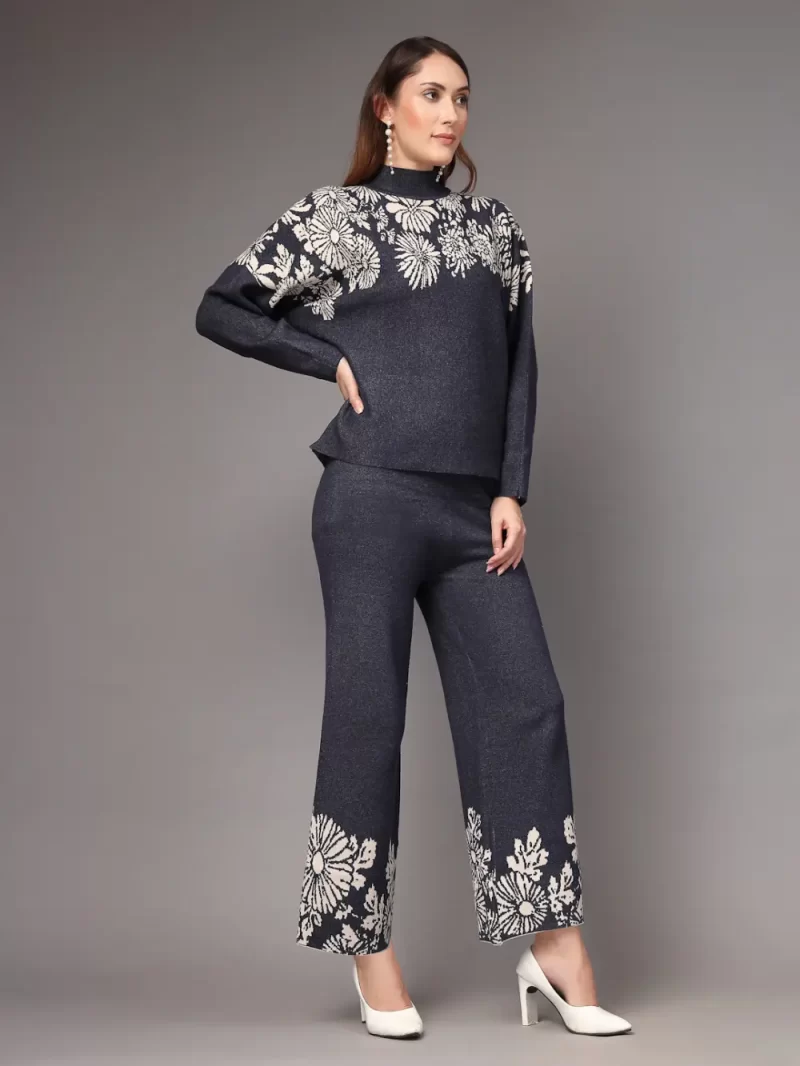 Women Floral Knit Co-Ord Set With Mock Neck
