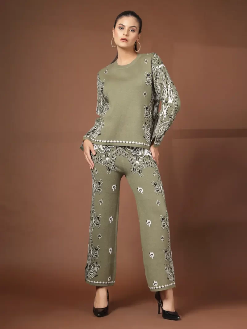Women'S Green Printed Cotton Top With Trousers Co-Ord Set