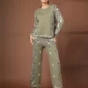 Women'S Green Printed Cotton Top With Trousers Co-Ord Set