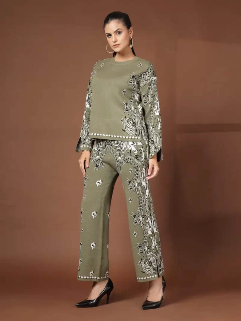 Women'S Green Printed Cotton Top With Trousers Co-Ord Set