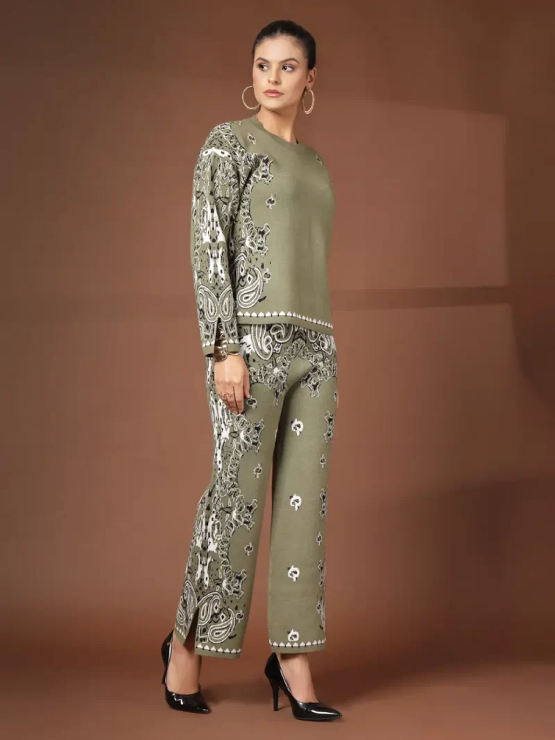 Women'S Green Printed Cotton Top With Trousers Co-Ord Set