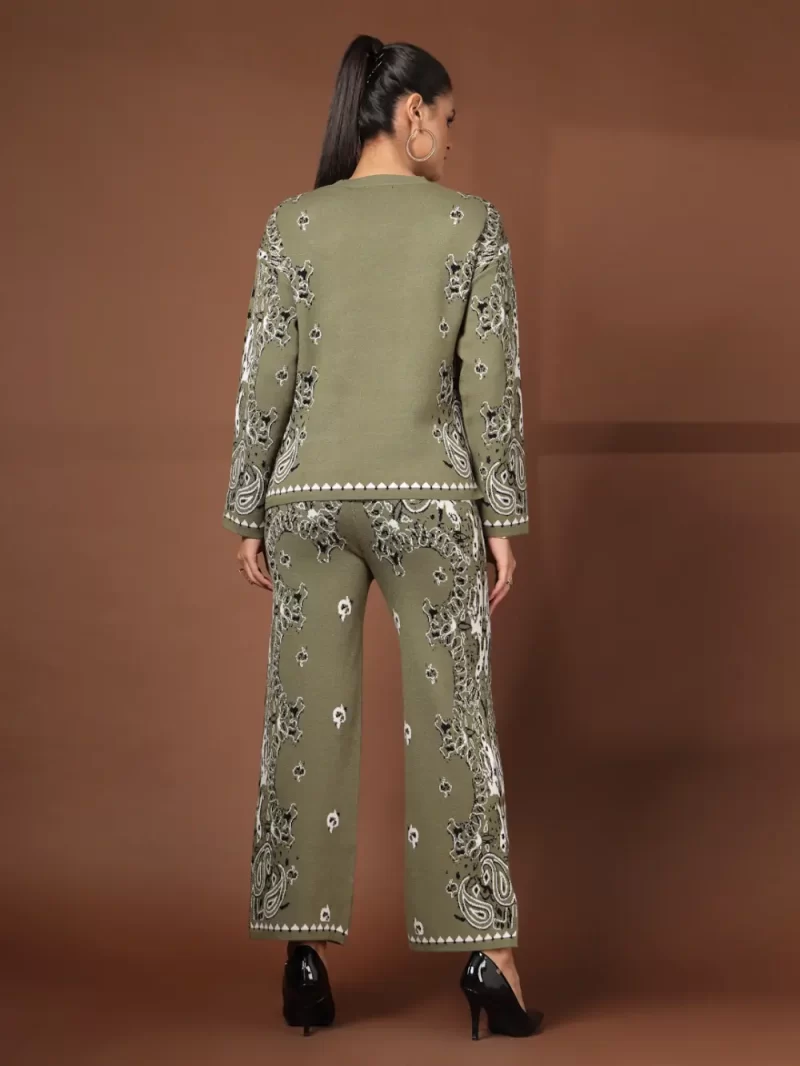 Women'S Green Printed Cotton Top With Trousers Co-Ord Set