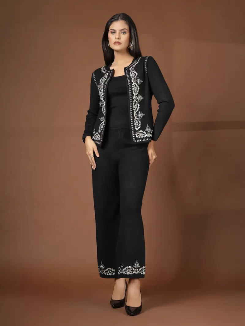 Women Embroidered Jacket Open Neck Pant Set