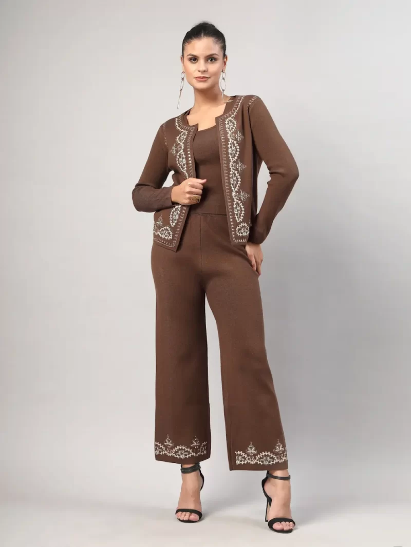Women Embroidered Jacket Open Neck Pant Set