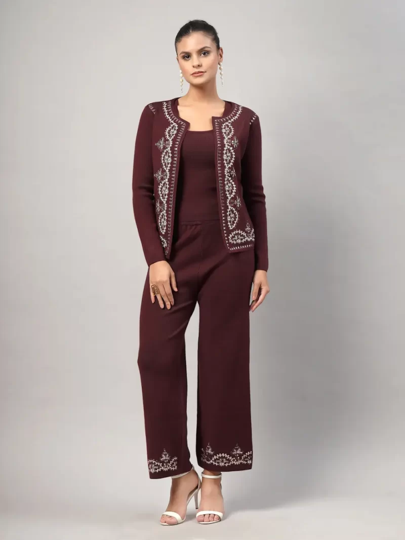 Women Embroidered Jacket Open Neck Pant Set