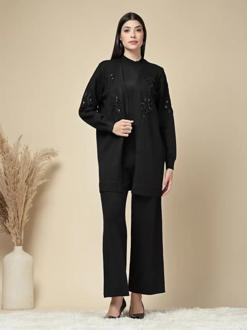 Women Elegant Knit Co-Ord Set With Embellished Floral Jacket