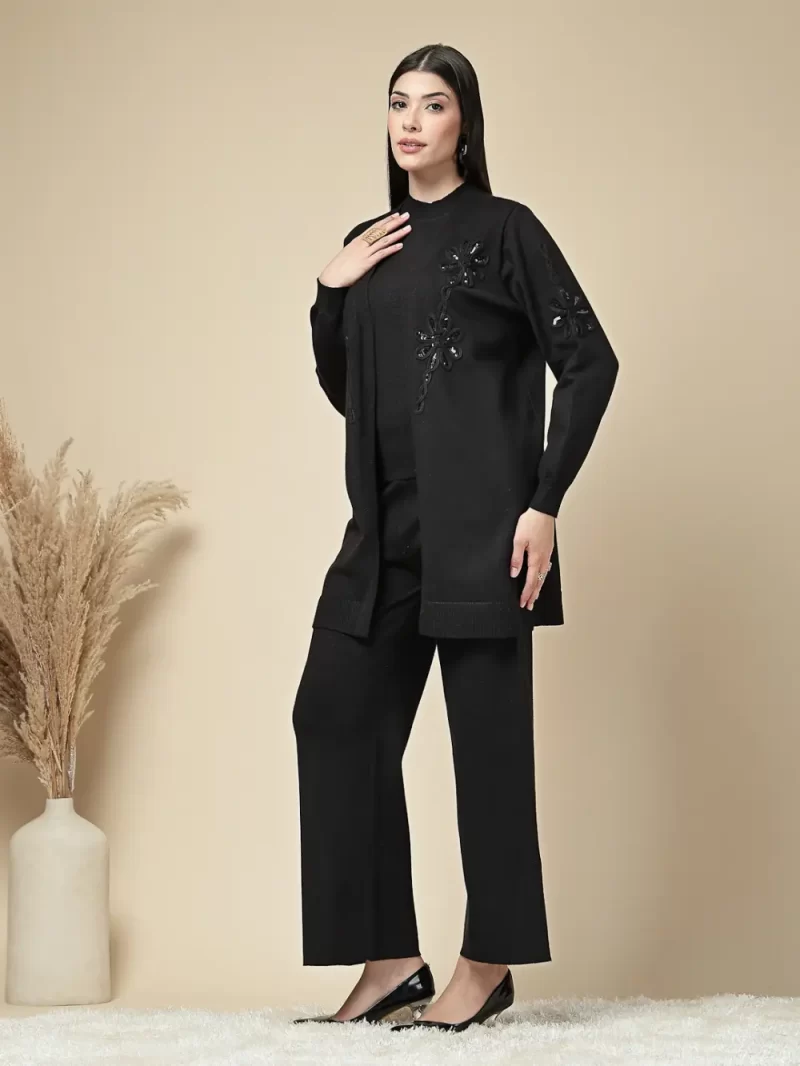 Women Elegant Knit Co-Ord Set With Embellished Floral Jacket