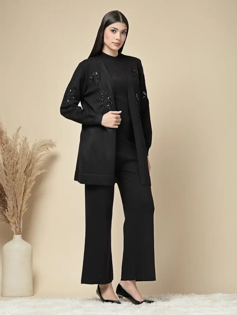 Women Elegant Knit Co-Ord Set With Embellished Floral Jacket