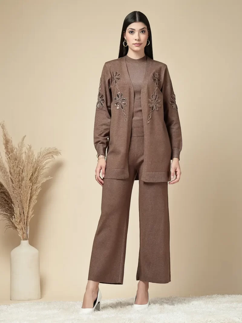 Women Elegant Knit Co-Ord Set With Embellished Floral Jacket