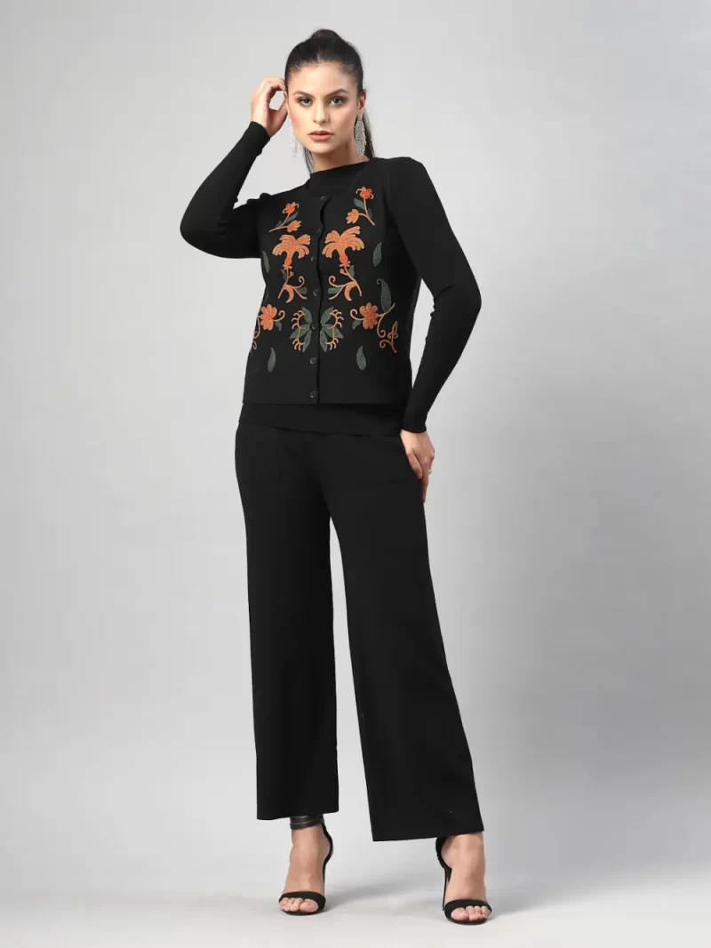 Women Embroidered Woollen Cardigan With Pant Set