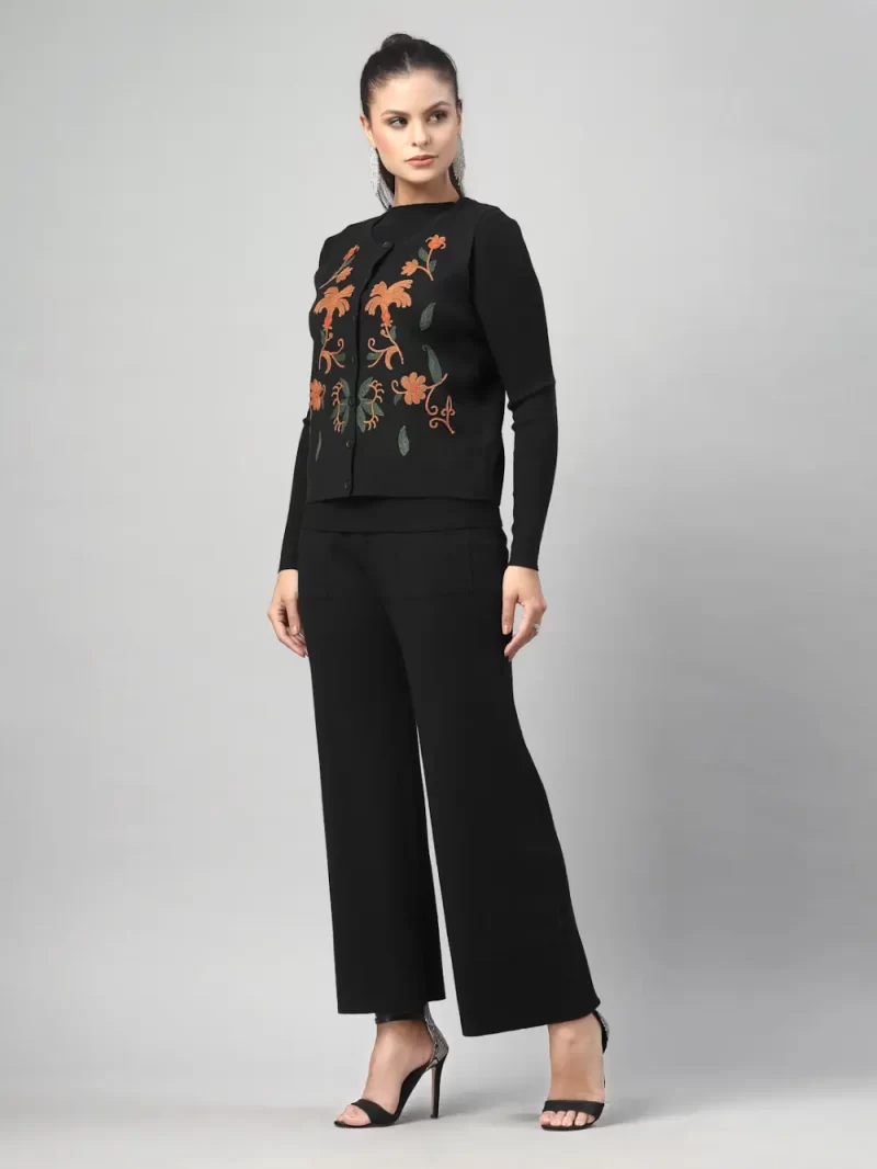Women Embroidered Woollen Cardigan With Pant Set