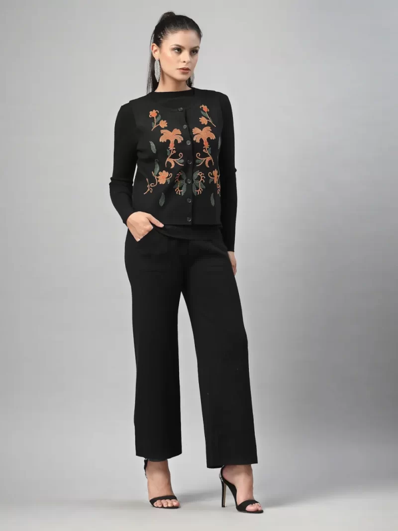 Women Embroidered Woollen Cardigan With Pant Set