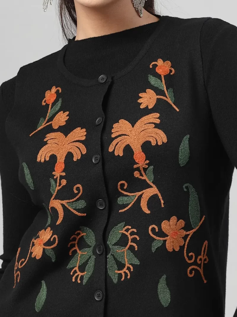 Women Embroidered Woollen Cardigan With Pant Set