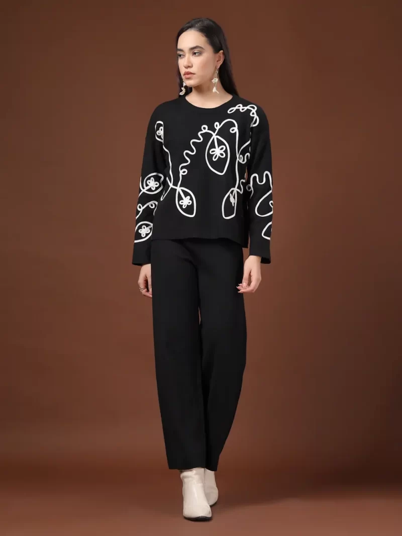 Women Black & White Embroidered Cord Set