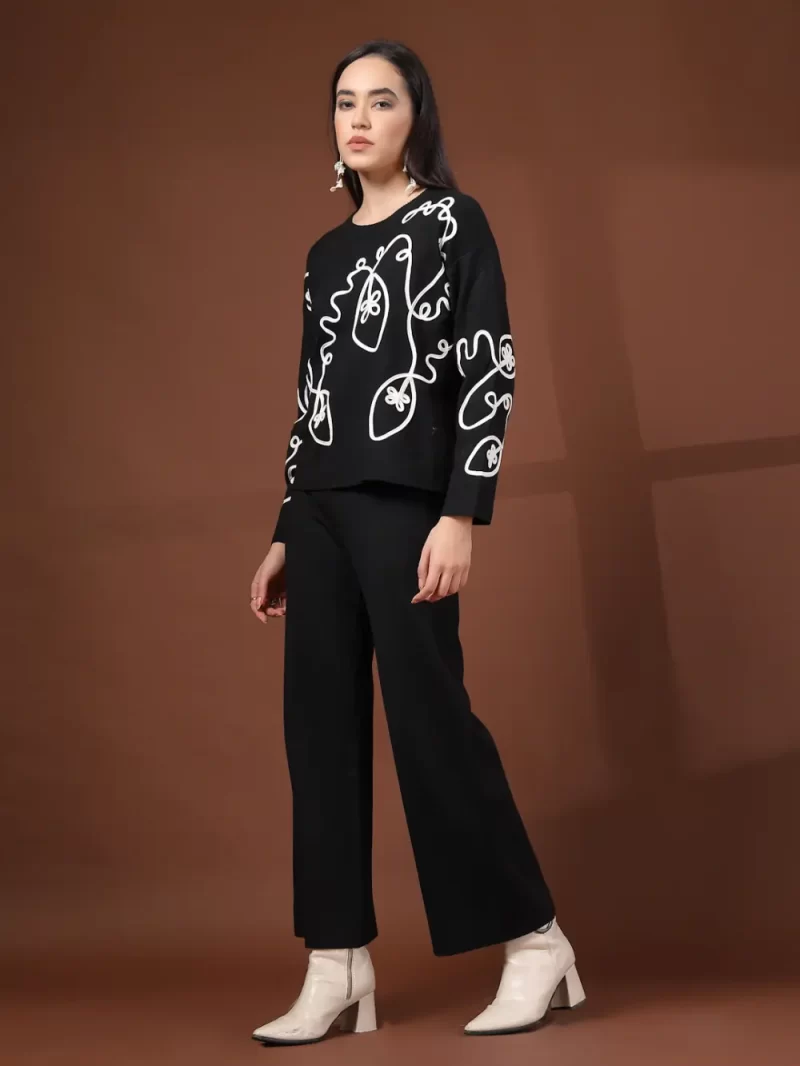 Women Black & White Embroidered Cord Set