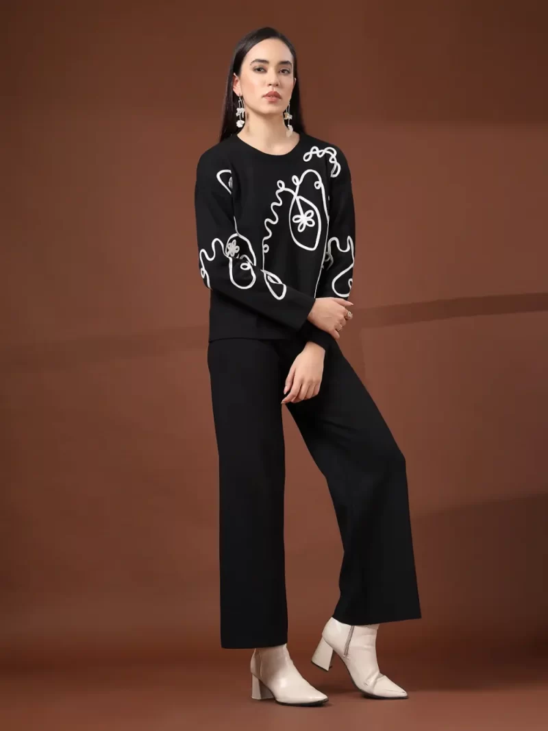 Women Black & White Embroidered Cord Set