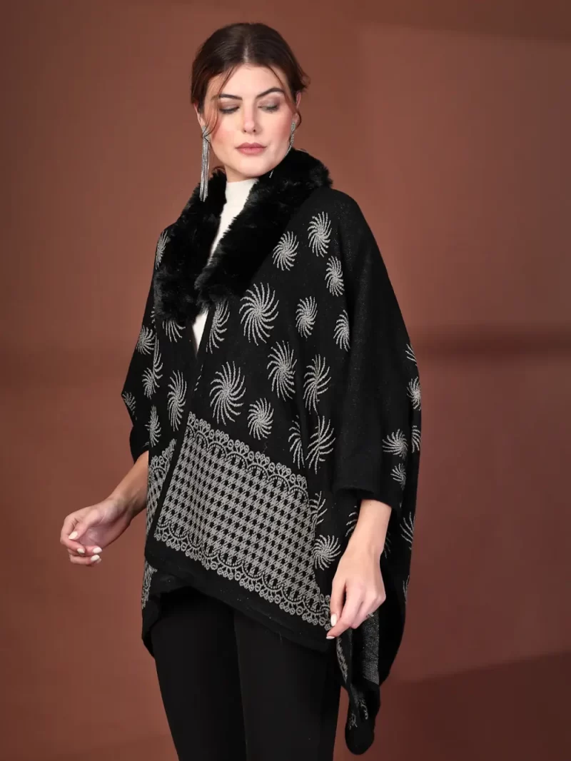 Women'S Winter Patterned Fur Collar Poncho