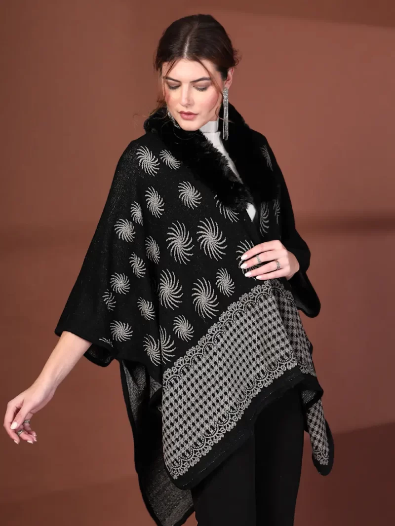 Women'S Winter Patterned Fur Collar Poncho
