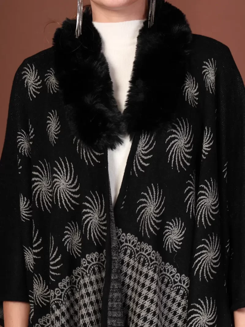 Women'S Winter Patterned Fur Collar Poncho