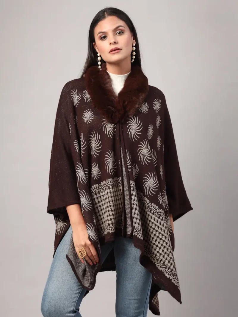 Women'S Winter Patterned Fur Collar Poncho