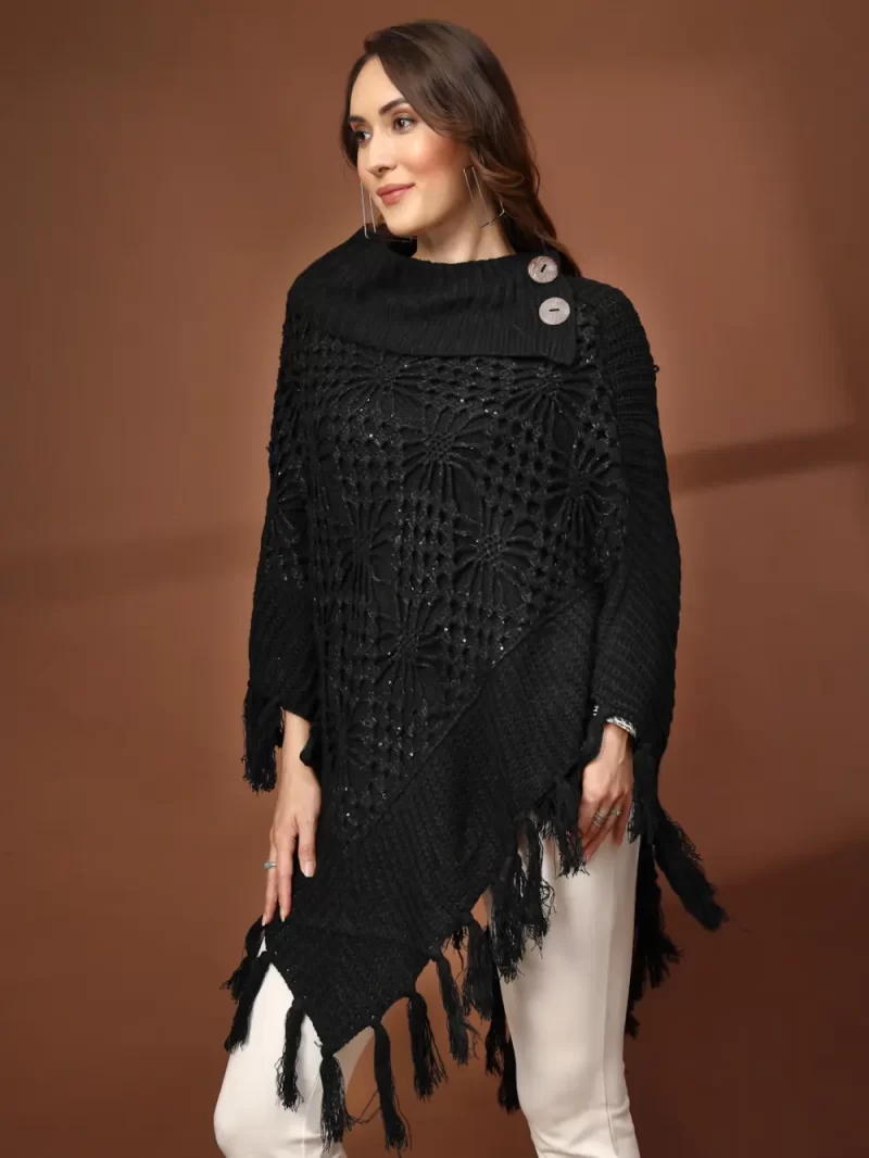 Women High Neck Long Sleeves Chevron Longline Poncho