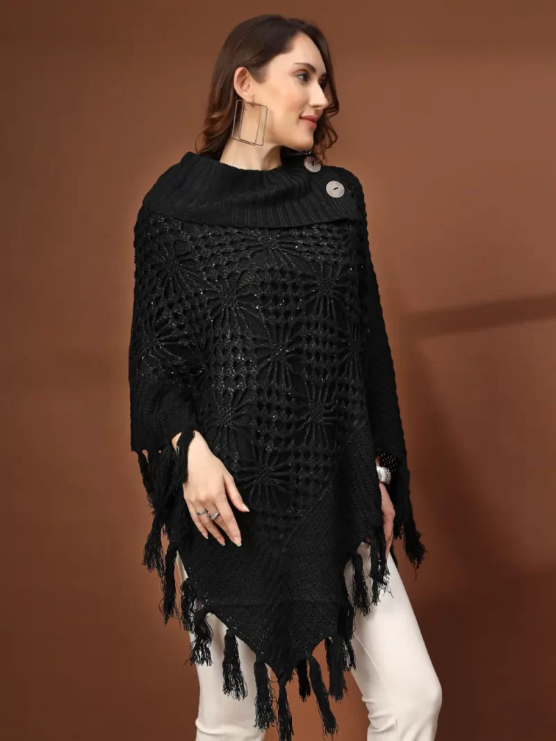 Women High Neck Long Sleeves Chevron Longline Poncho
