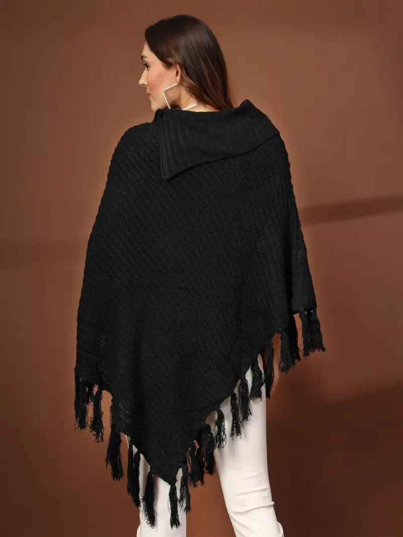 Women High Neck Long Sleeves Chevron Longline Poncho