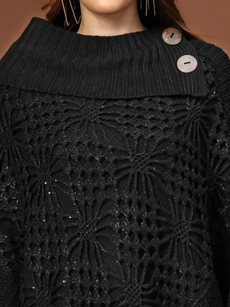 Women High Neck Long Sleeves Chevron Longline Poncho