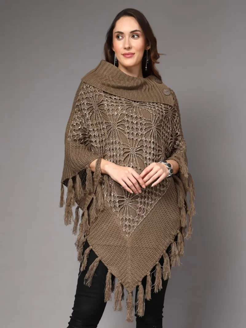 Women High Neck Long Sleeves Chevron Longline Poncho