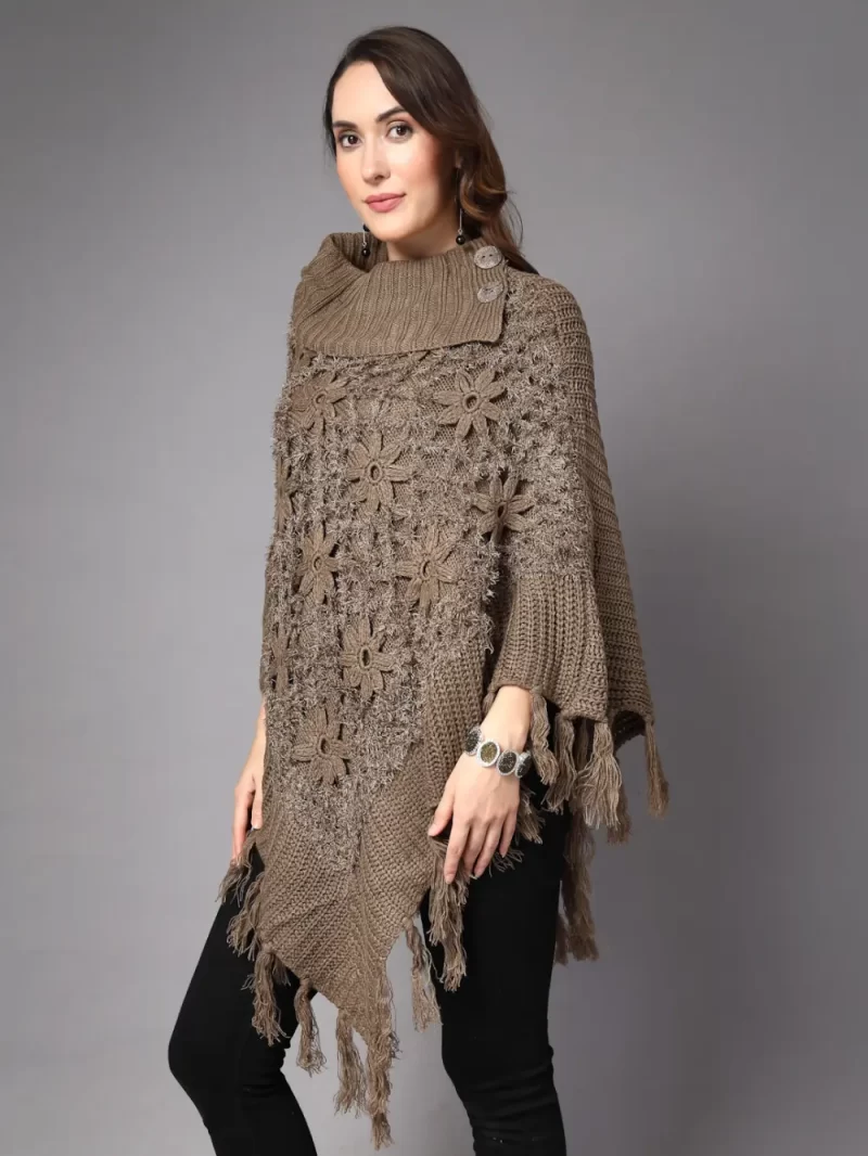 Women High Neck Long Sleeves Chevron Longline Poncho