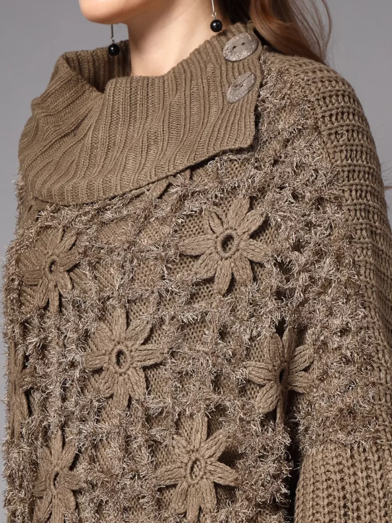 Women High Neck Long Sleeves Chevron Longline Poncho